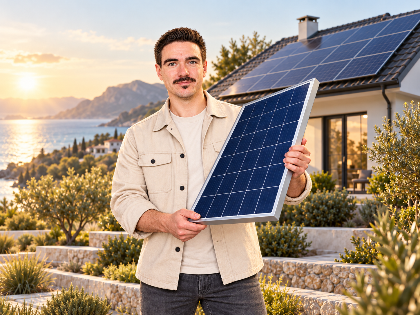 Основатель SUNSUN ENERGY с солнечной панелью у дома с солнечной электростанцией