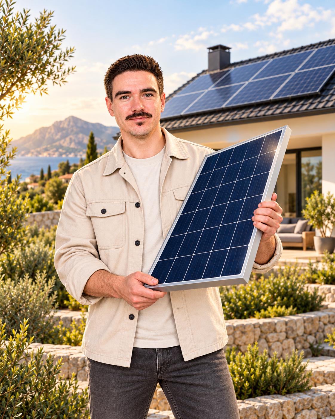 Основатель SUNSUN ENERGY с солнечной панелью у дома с солнечной электростанцией